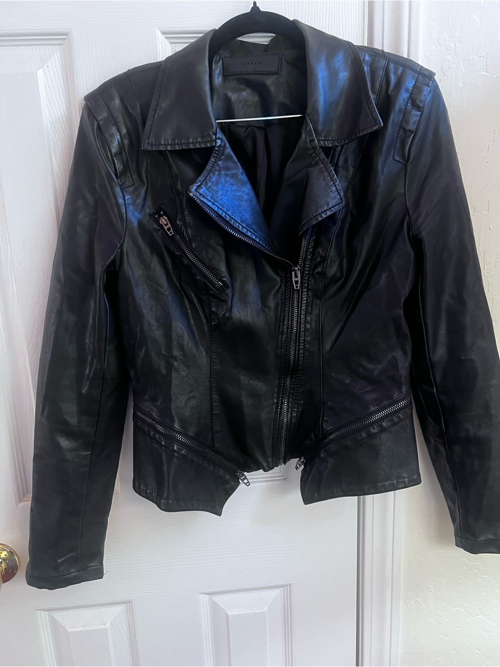 Blank NYC Black Leather Asymmetrical Zip Bomber Jacket